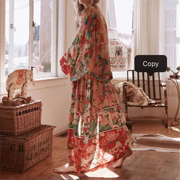Red Floral Boho Long Kimono Duster Coverup Robe - Picture 4 of 6